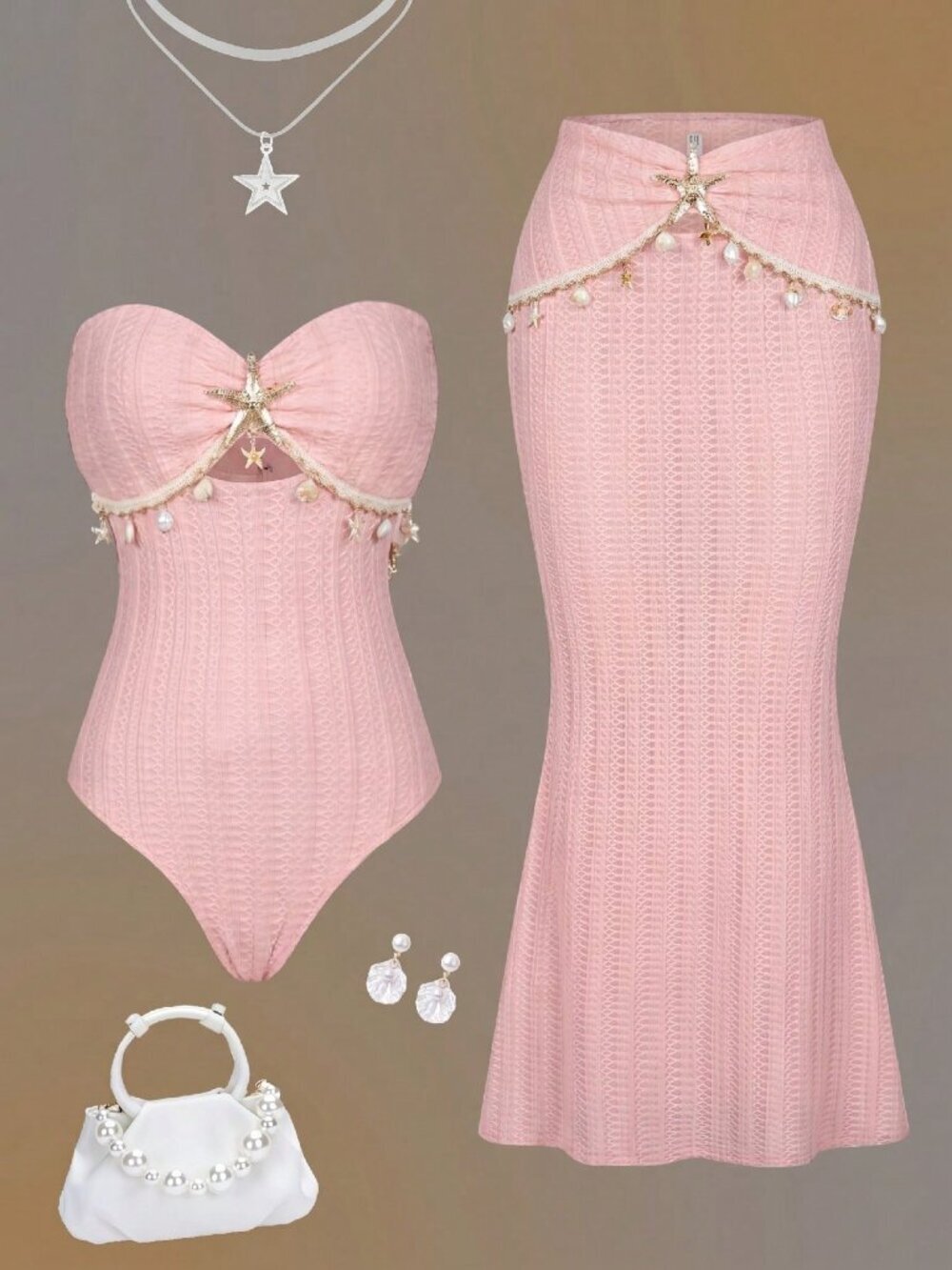 Pink Casual Women's One-Piece Beach swimsuit matching coverup skirt - Picture 4 of 6